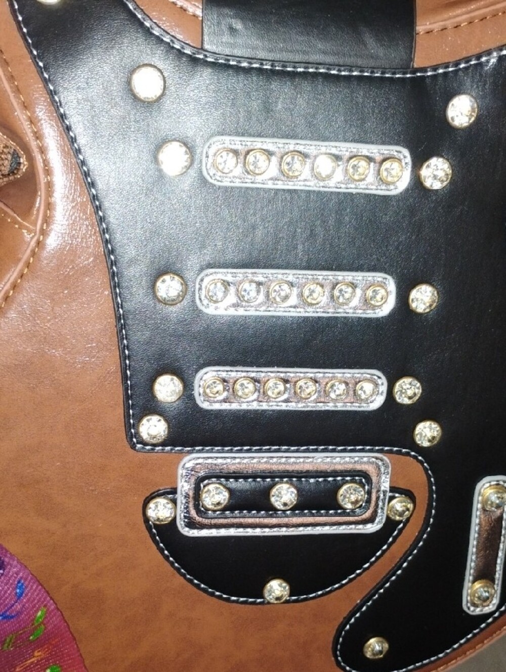 Brown and Black Guitar-Shaped Crossbody Bag with Colorful Strap - Picture 6 of 6
